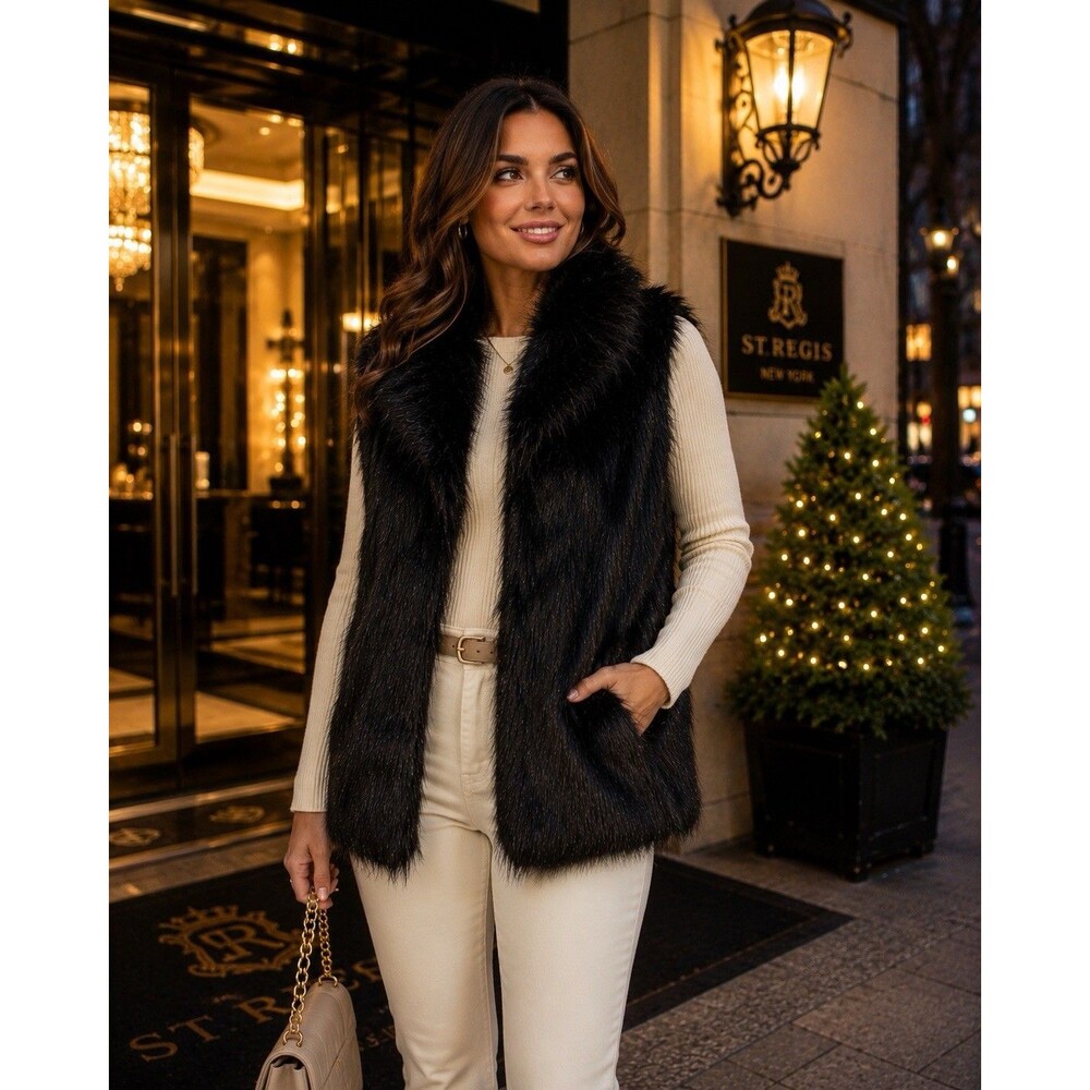 INC International Concepts Black Faux Fur Jacket Vest M/L NWT Chic Glam Winter